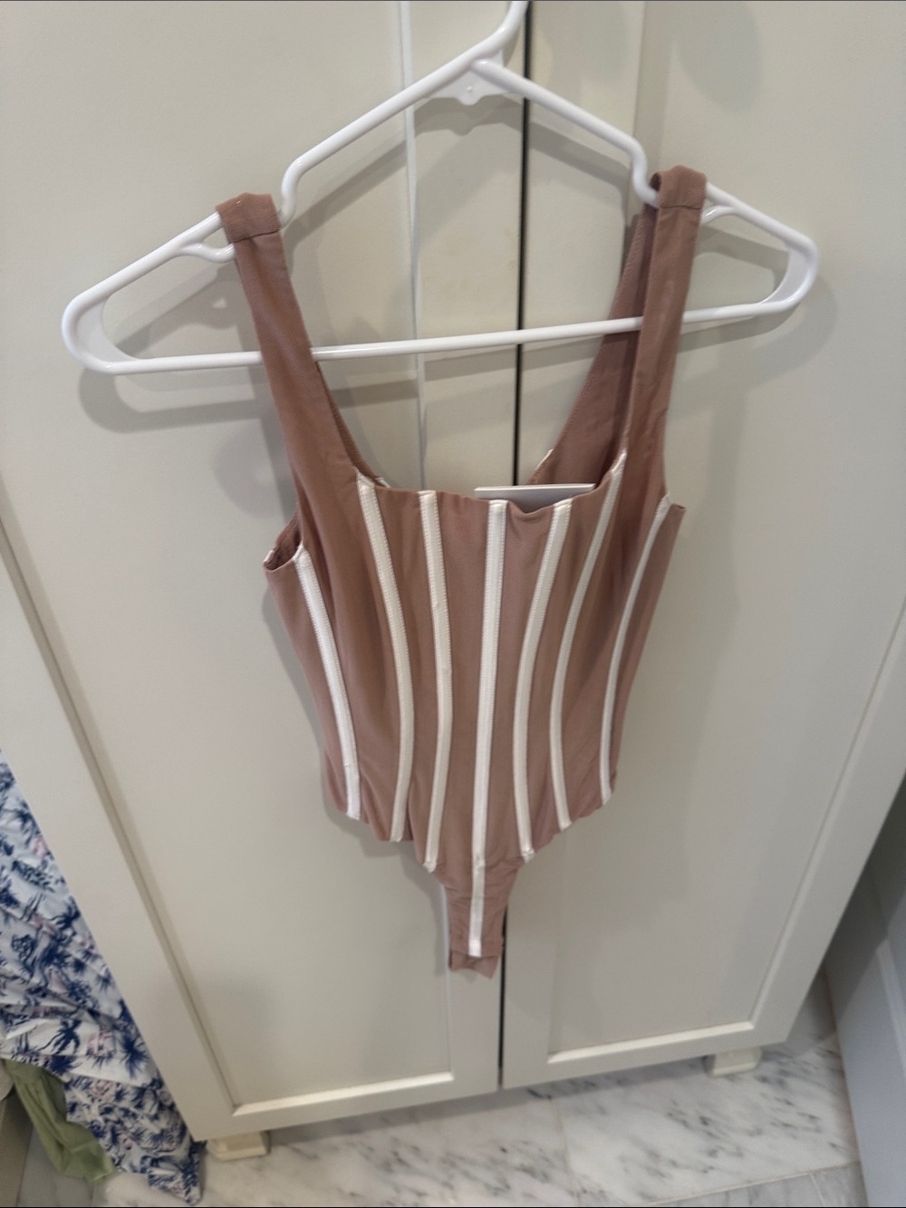 Striped Taupe Corset-Style Bodysuit with Contrast Piping